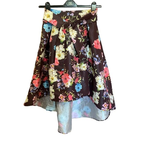 Jasmine High Low Skirt Waist Sash Brown Red Orange Pink Floral Junior Medium - Picture 1 of 12